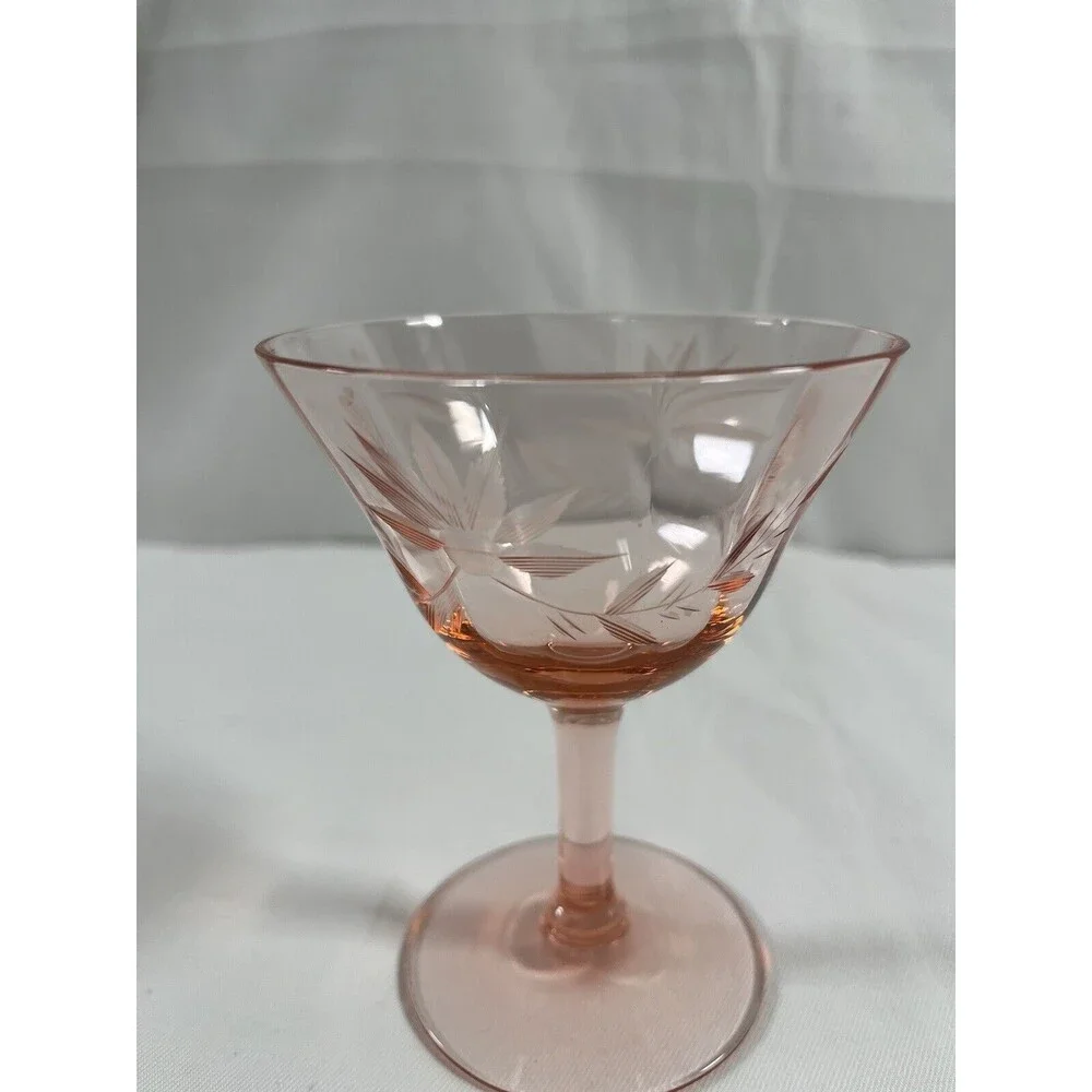 Lot o f 2 Vintage Pink Depression Martini Glass Floral Etched #675